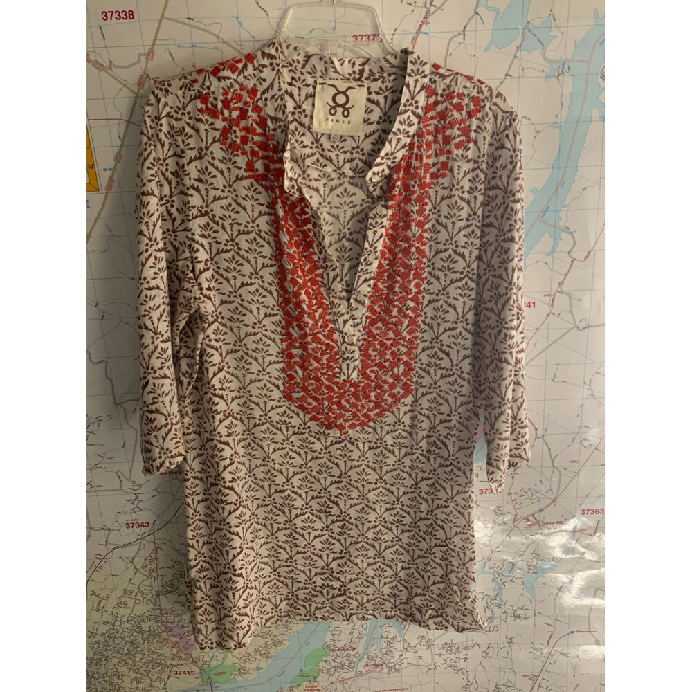 FIGUE 3/4 Sleeve Brown Leaf and Orange Beaded tunic top flaw large - Picture 5 of 15
